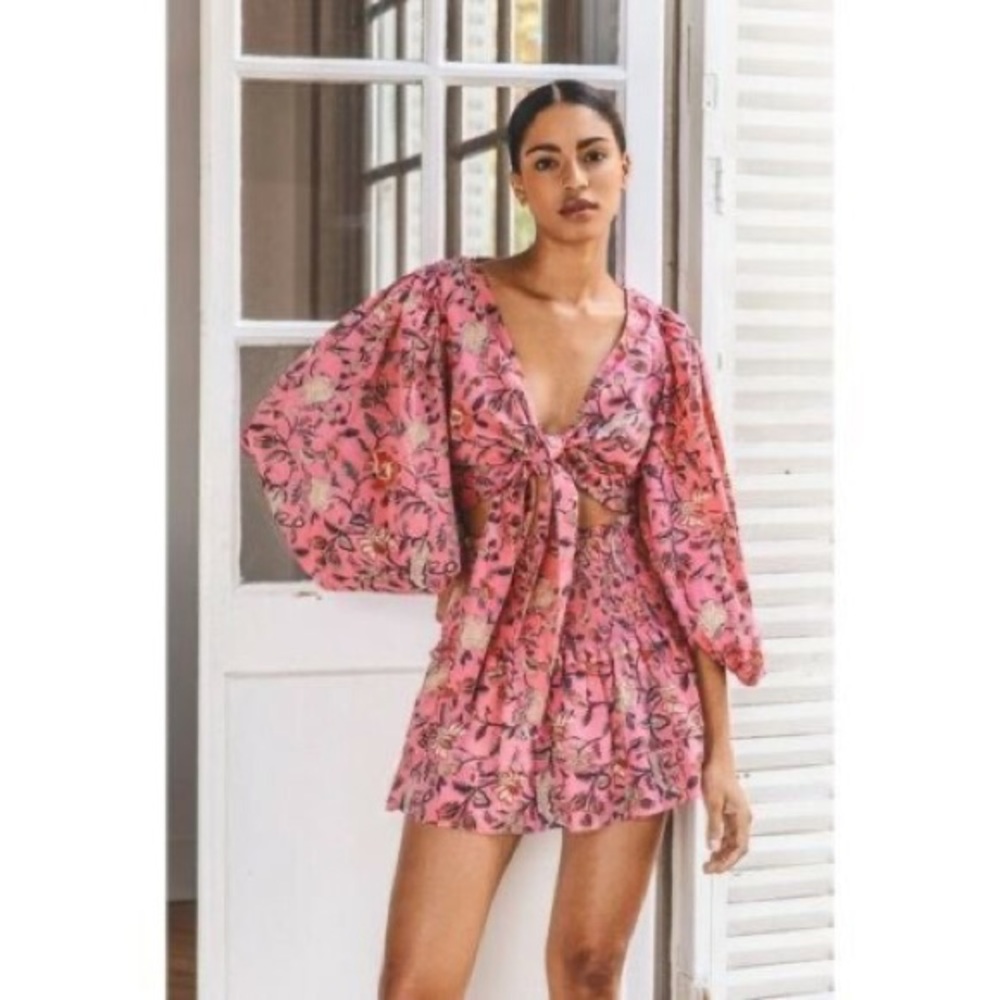 Charina Sarte Regina Smocked Tie Front Skirt Set in Pink Batik Print Small